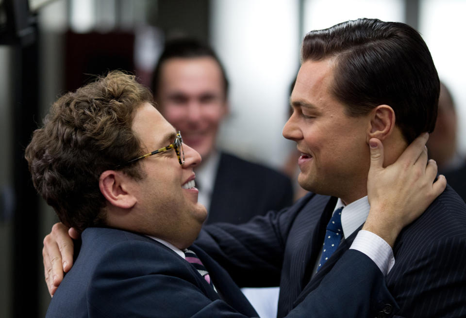 This film image released by Paramount Pictures shows Jonah Hill, left, and Leonardo DiCaprio in a scene from "The Wolf of Wall Street." (AP Photo/Paramount Pictures and Red Granite Pictures, Mary Cybulski)