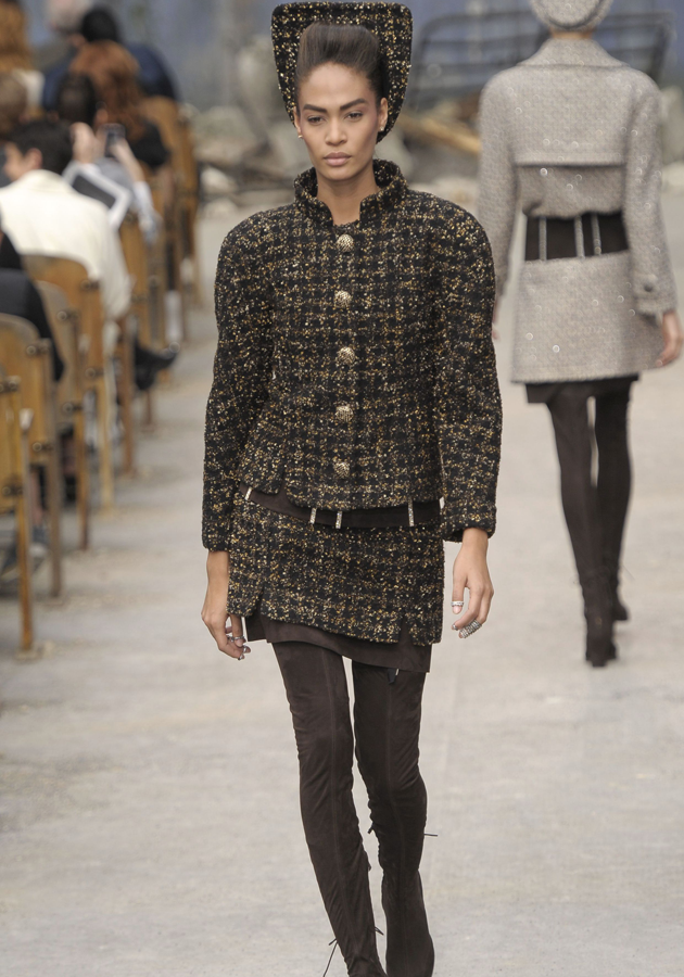 Chanel AW13 Couture: Joan Smalls led the runway in a metallic tweed outfit with bizarre headgear.