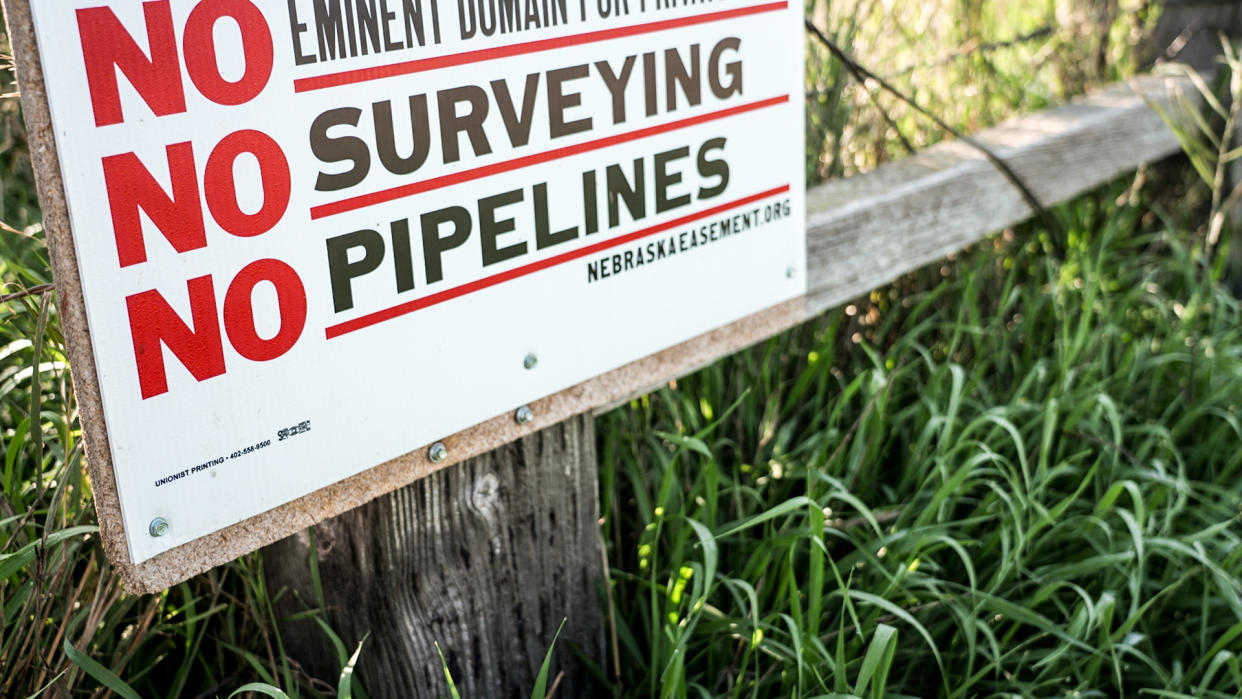 Anti-pipeline sign on property of South Dakota landowner Ed Fischbach.  (NBC News)