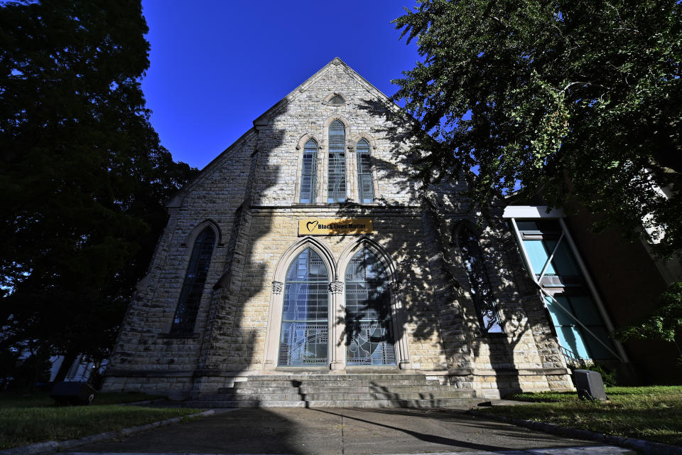 Exterior photo of the First Unitarian Church in Louisville, Ky., is shown Wednesday, Sept. 30, 2020. The church has for months played a background role in the protest movement in a downtown square a mile away, dropping off ice, bandaging wounds. (AP Photo/Timothy D. Easley)