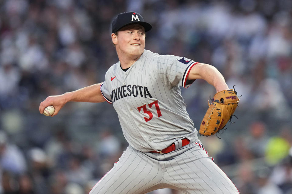 Minnesota Twins' Louie Varland pitches during the first inning of the team's baseball game against the New York Yankees on Friday, April 14, 2023, in New York. (AP Photo/Frank Franklin II)