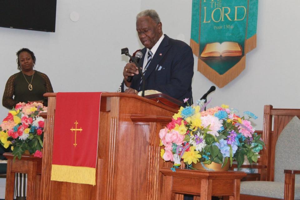 Minister Gilbert Means Sr. of DaySpring Baptist Church delivers the sermon during a service Sunday morning celebrating the church's 108th anniversary.