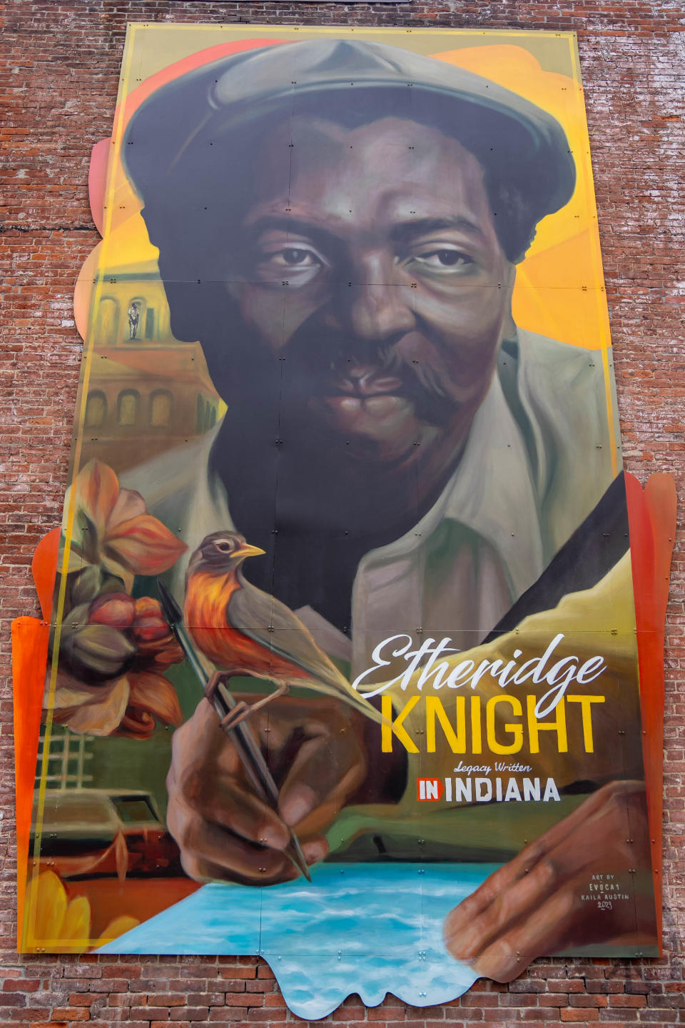 The mural of Etheridge Knight pained by Elio Mercado and Kaila Austin on Monday, June 26, 2023, in Indianapolis.