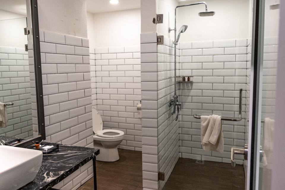 The spacious bathroom in the hotel room.