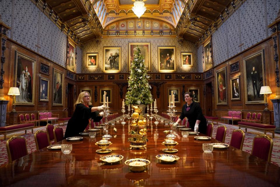 Royal Collection Trust staff decorate the Waterloo Chamber in Windsor Castle for Christmas