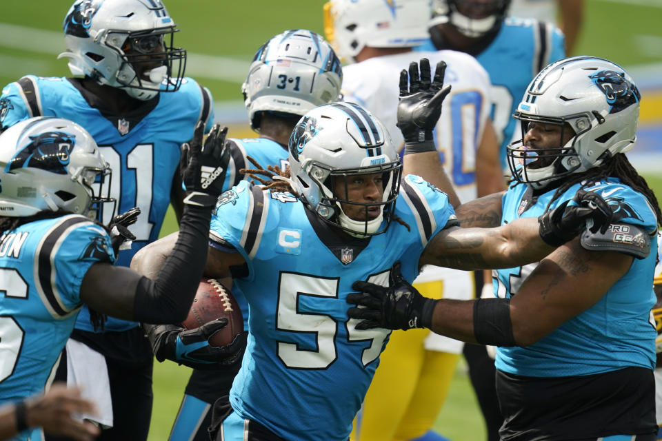 Carolina Panthers outside linebacker Shaq Thompson (54) celebrates after recovering a fumble against the Los Angeles Chargers during the first half of an NFL football game Sunday, Sept. 27, 2020, in Inglewood, Calif. (AP Photo/Alex Gallardo)