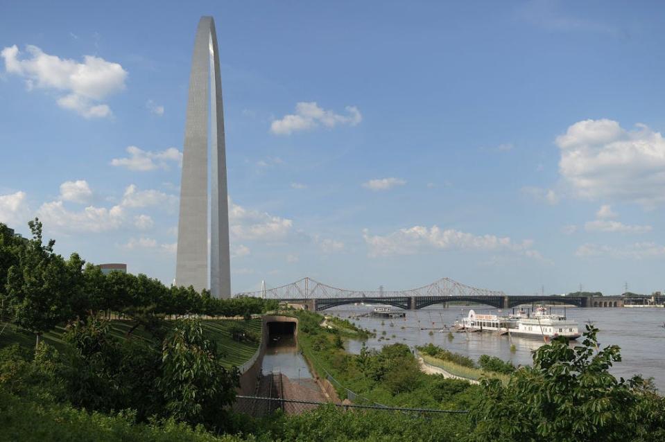 Floodwaters from a swollen Mississippi River take over the Gateway Arch grounds on June 7, 2019 in St Louis, Missouri.