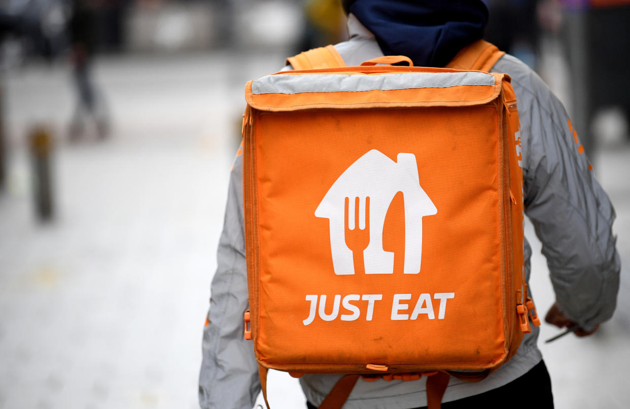 CARDIFF, WALES - MAY 1: A Just Eat worker on May 1, 2021 in Cardiff, Wales. (Photo by Matthew Horwood/Getty Images)