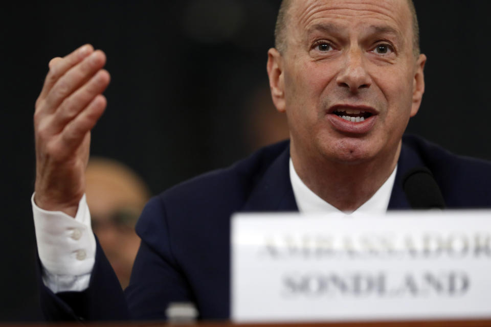 U.S. Ambassador to the European Union Gordon Sondland testifies before the House Intelligence Committee on Capitol Hill in Washington, Nov. 20, 2019, during a public impeachment hearing of President Donald Trump's efforts to tie U.S. aid for Ukraine to investigations of his political opponents. (Photo: Andrew Harnik/AP)