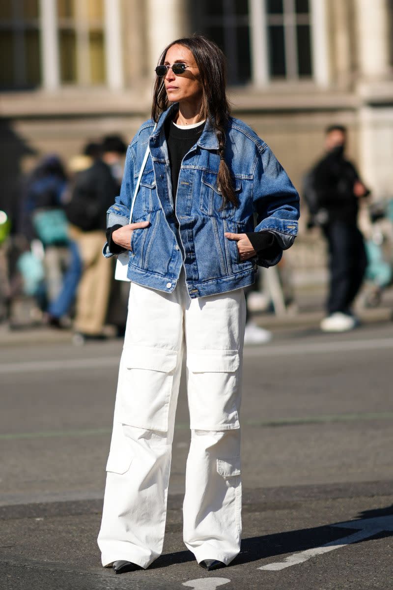 <p> Play with proportions and team your denim jacket with a pair of wide-leg trousers. With serious leg-lengthening powers, a wide-leg cut is flattering and comfortable for all-day wear. The monochromatic palette keeps this look feeling timeless. One you can reach for on those nothing-to-wear days. </p>