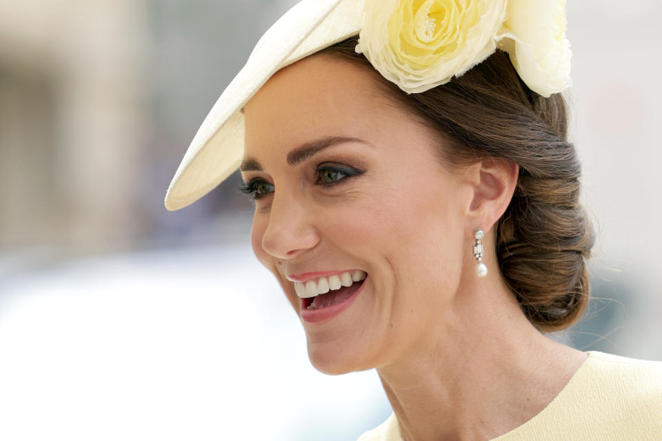 The sweet moment between the Duchess of Cambridge and Prince Charles took place on the second day of celebrations for the Queen's Platinum Jubilee. (Getty Images)