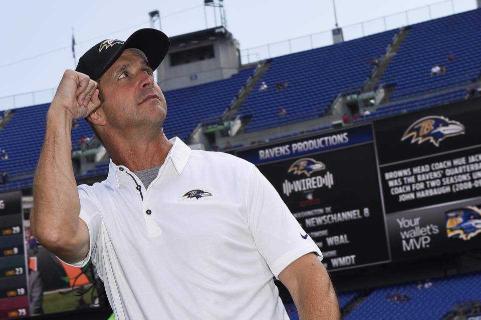 John Harbaugh and the Ravens are 2-0 heading into their International Series game on Sunday against the Jaguars. (AP) 