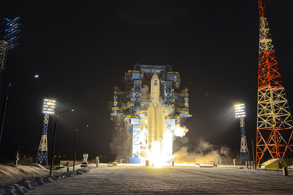 This photo taken on Dec. 14, 2020, and distributed by Russian Defense Ministry Press Service shows, a test launch of a heavy-class carrier rocket Angara-A5 from the launch pad of site No. 35 of the State Test Cosmodrome of the Ministry of Defence of the Russian Federation at Plesetsk launch facility in the Arkhangelsk Region of northwestern Russia. The Angara-A5 is the prospective heavy-lift rocket that is expected to enter service in the following years. (Russian Defense Ministry Press Service via AP)