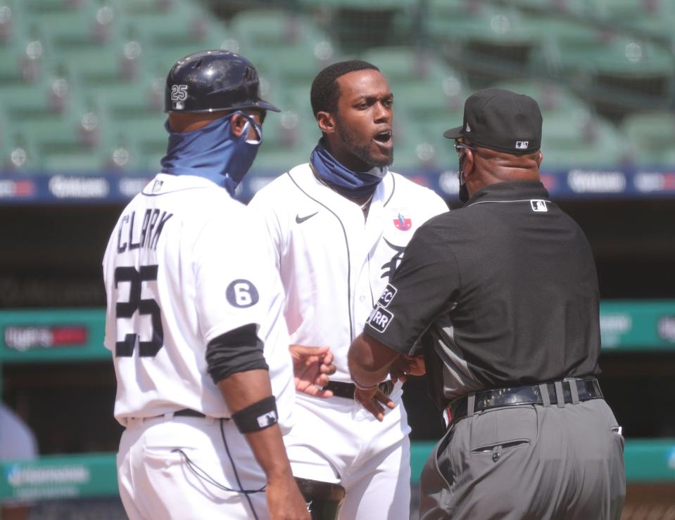 Detroit Tigers left fielder Cameron Maybin is ejected by home-plate umpire D.J. Reyburn during sixth-inning action against the Cleveland Indians at Comerica Park, Sunday, Aug. 16, 2020.