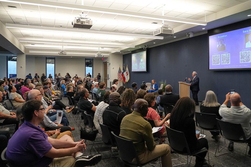 Austin residents attend an open town hall with candidates for Austin City Manager at the Permitting and Development Center on Monday in Austin.