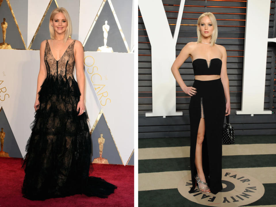 <p>The best revenge for not winning an Oscar? According to Jennifer Lawrence, it’s showing up to the afterparties in a supersexy outfit. Channeling Taylor Swift, she wore a black bandeau and a long skirt with a superhigh slit. <i>(Photos: Getty Images)</i></p>