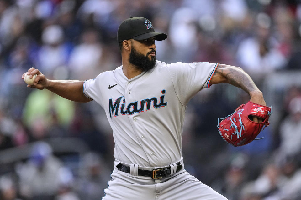 Miami Marlins starting pitcher Sandy Alcantara delivers in the second inning of the team's baseball game against the Atlanta Braves on Wednesday, April 26, 2023, in Atlanta. (AP Photo/John Bazemore)