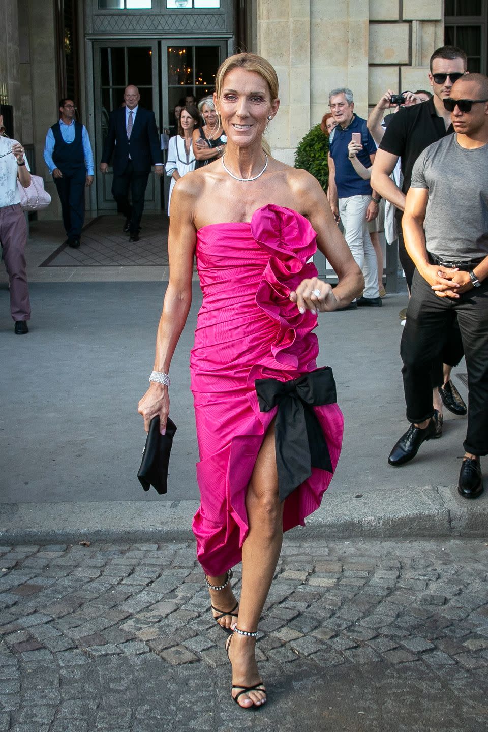 Dress, Pink, Clothing, Shoulder, Fashion, Fashion model, Cocktail dress, Strapless dress, Leg, Blond, 