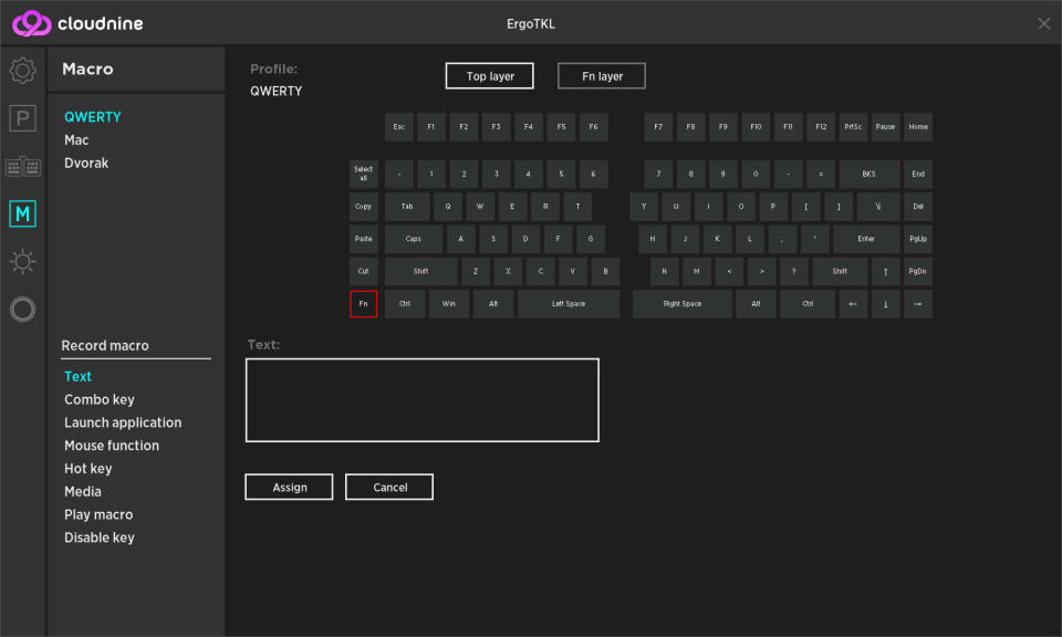 Cloud Nine application for the C959 Ergo ergonomic mechanical keyboard