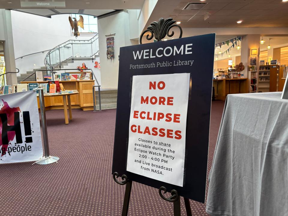 The Portsmouth Public Library's sign seen Monday morning April 8, 2024 reflects the high interest in eclipse.