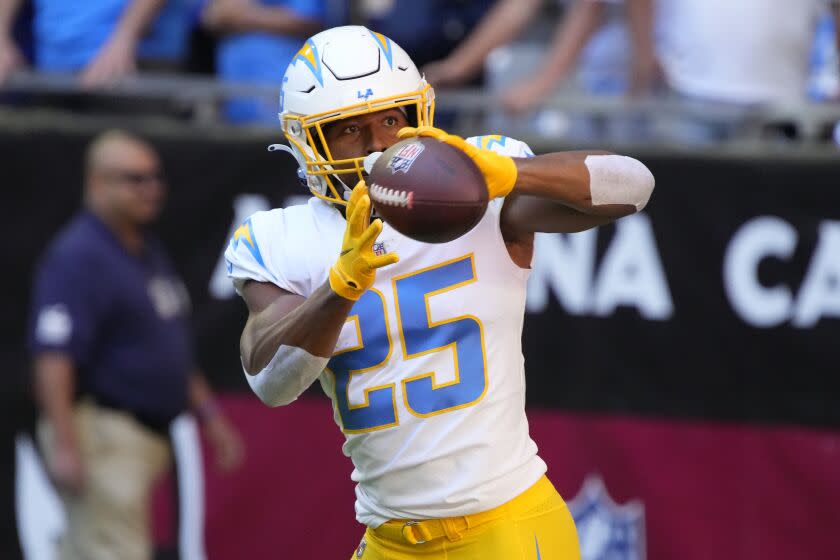 Los Angeles Chargers running back Joshua Kelley (25) during the first half of an NFL football game.