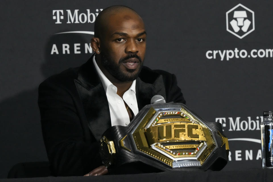 LAS VEGAS, NV - March 5: Jon Jones meets with the media following his win over Cyril Gane at T-Mobile Arena for UFC 285 -Jones vs Gane : Event on March 5, 2023 in Las Vegas, NV, United States.(Photo by Louis Grasse/PxImages/Icon Sportswire via Getty Images)