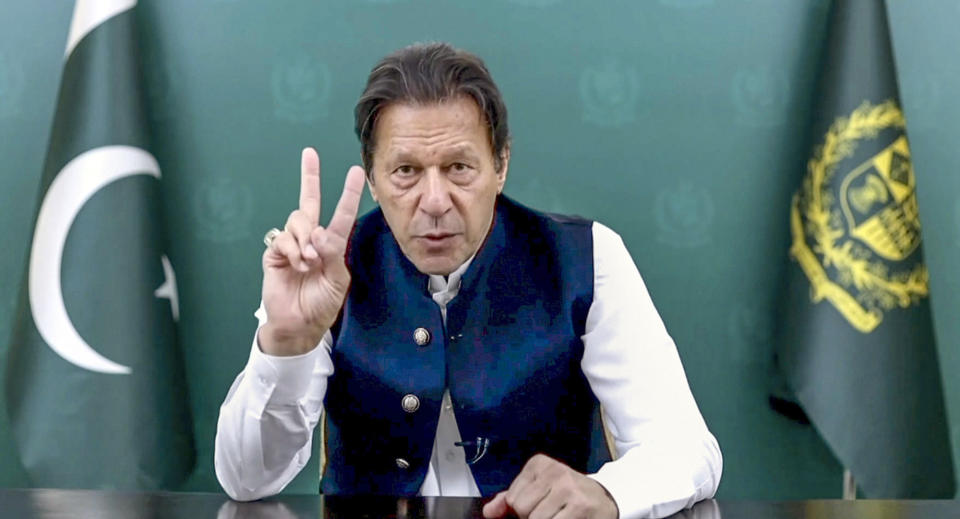 In this image taken from video provided by UN Web TV, Imran Khan, Prime Minister of Pakistan, remotely addresses the 76th session of the United Nations General Assembly in a pre-recorded message, Friday Sept. 24, 2021 at UN headquarters. (UN Web TV via AP)