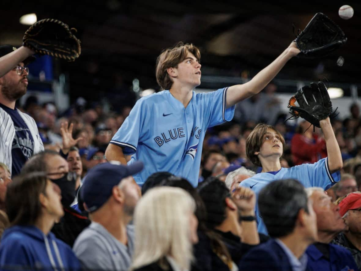 A Blue Jays fan catches a ball during a game against the New York Yankees — the teams' last meeting of the regular season — at at Rogers Centre in Toronto late last month. (Evan Mitsui/CBC - image credit)