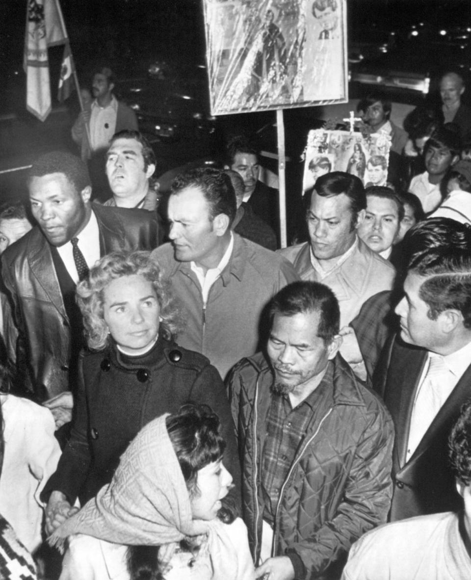 Ethel Kennedy and Rafer Johnson join the march to the jail in Salinas to visit labor leader Cesar Chavez.