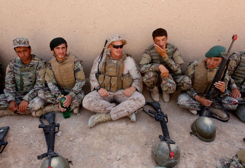 FILE PHOTO: A U.S. Marine talks with Afghan National Army (ANA) soldiers during a training in Helmand province