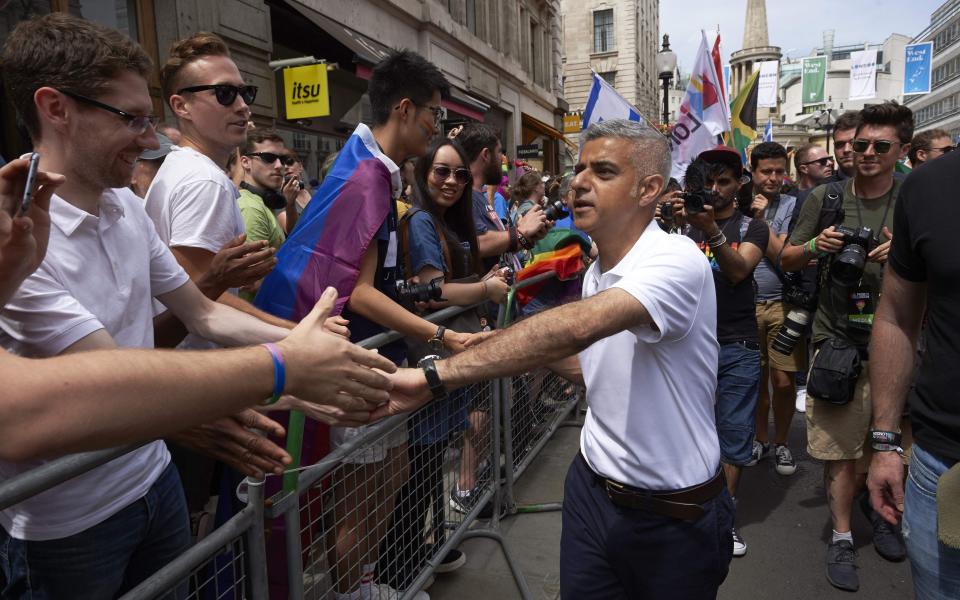 Sadiq Khan joins revellers at London's Gay Pride parade - Credit: Getty