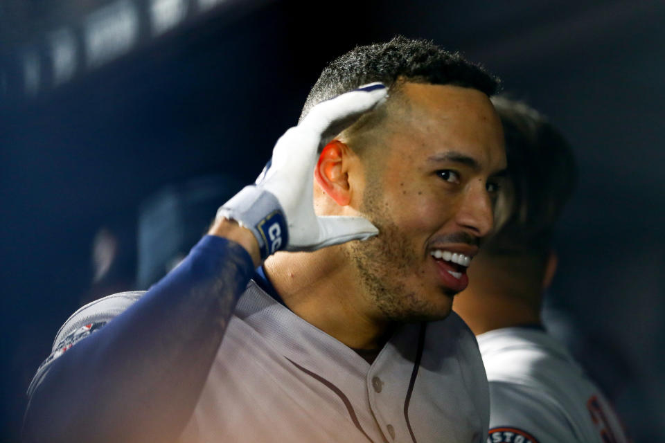 NEW YORK, NEW YORK - OCTOBER 17:  Carlos Correa #1 of the Houston Astros celebrates his three-run home run against the New York Yankees during the sixth inning in game four of the American League Championship Series at Yankee Stadium on October 17, 2019 in New York City. (Photo by Mike Stobe/Getty Images)