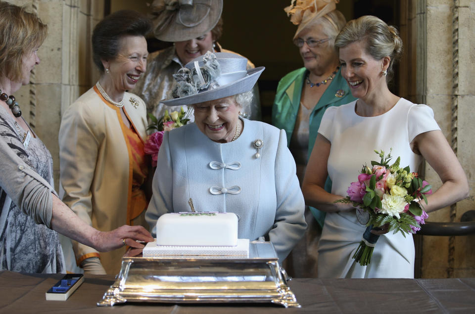 Britain's Sophie, Countess of Wessex (R) and Princess Anne (2nd L) watch as Queen Elizabeth cuts a Women's Institute Celebrating 100 Years cake, at the centenary annual meeting of The National Federation Of Women's Institute, at the Royal Albert Hall in London, Britain June 4, 2015.   REUTERS/Chris Jackson/pool 