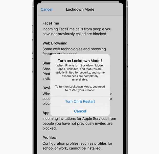 Lockdown Mode prompt on an iPhone