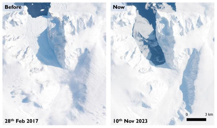 a split image shows the changes in time of a snowy glacier. Imagery from Copernicus Sentinel-2 shows the retreat of Cadman Glacier and the collapse of its ice shelf: the image on the left is from 2017 and the right from 2023.