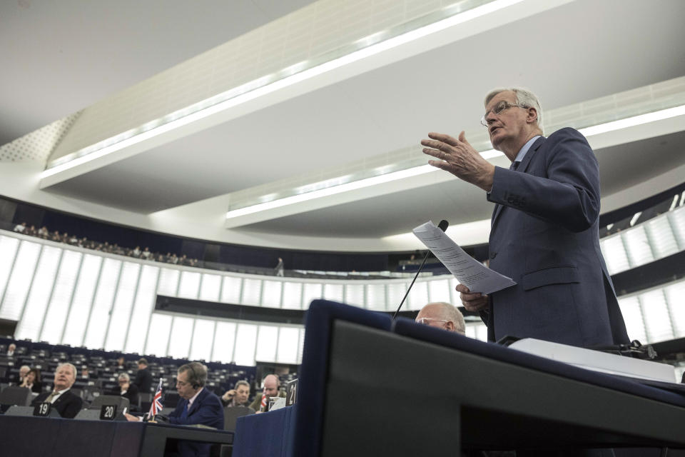 European Union's chief Brexit negotiator Michel Barnier delivers his speech during a plenary session at the European Parliament in Strasbourg, eastern France, Wednesday, March 13, 2019. British lawmakers rejected May's Brexit deal in a 391-242 vote on Tuesday night. Parliament will vote Wednesday on whether to leave the EU without a deal. (AP Photo/Jean Francois Badias)