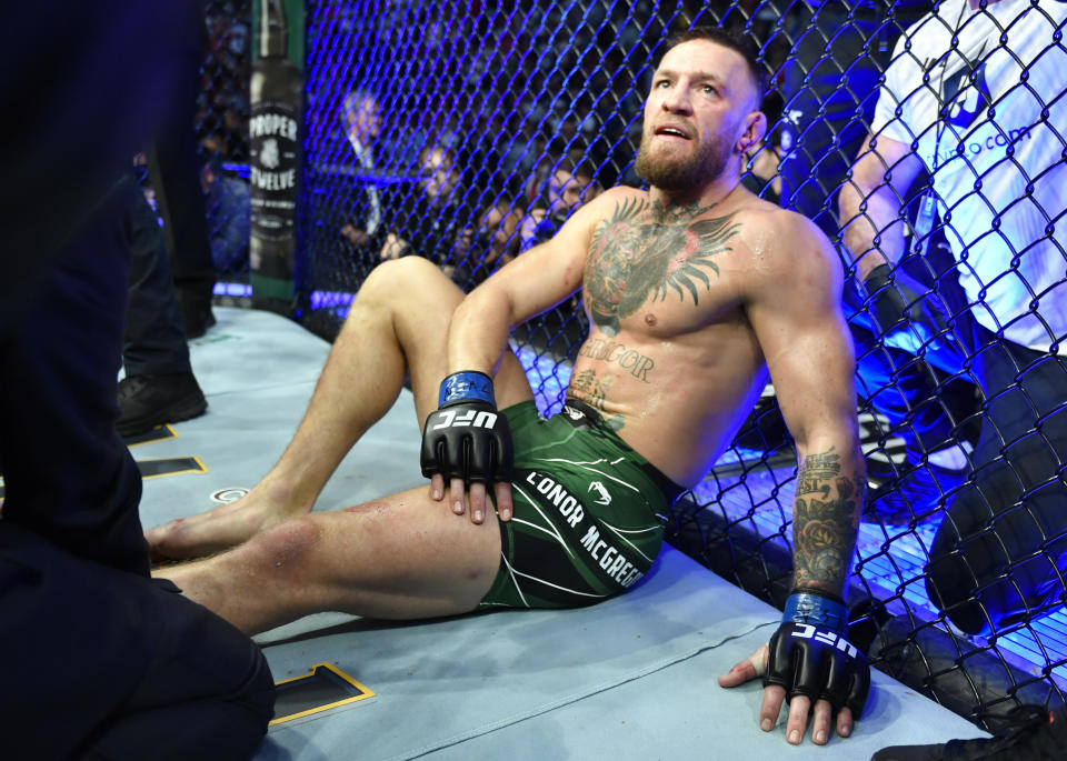 LAS VEGAS, NEVADA - JULY 10: Conor McGregor of Ireland reacts after his TKO loss due to injury against Dustin Poirier during the UFC 264 event at T-Mobile Arena on July 10, 2021 in Las Vegas, Nevada. (Photo by Chris Unger/Zuffa LLC)