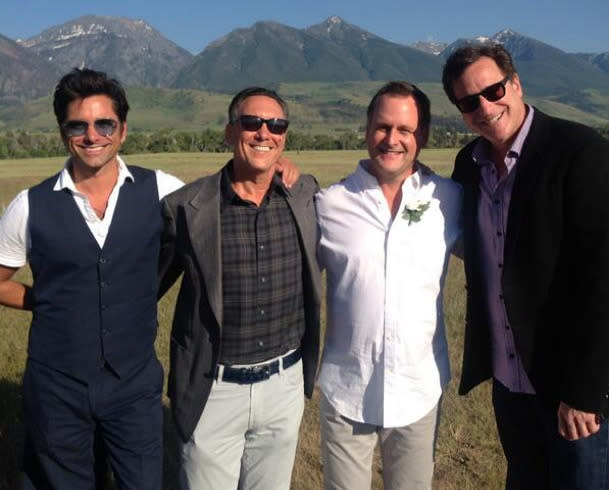 The Full House cast came together to celebrate Dave Coulier’s wedding to girlfriend Melissa Bring. Series creator Jeff Franklin snapped this photo with the groom and costars John Stamos and Bob Saget. “The three funniest guys I know, for 28 years, right after Dave and Melissa made it legal,” he tweeted. “Love these guys!”