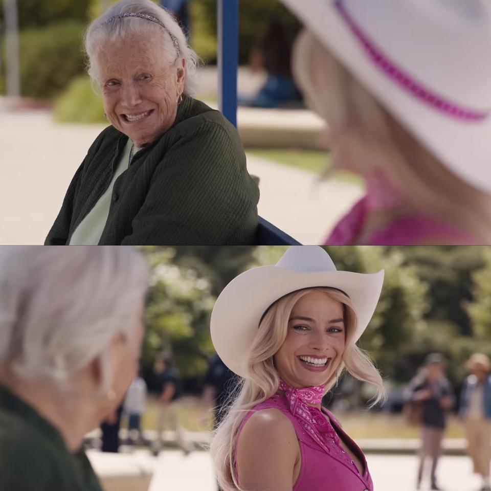 Barbie and older woman smiling at each other on bus stop bench