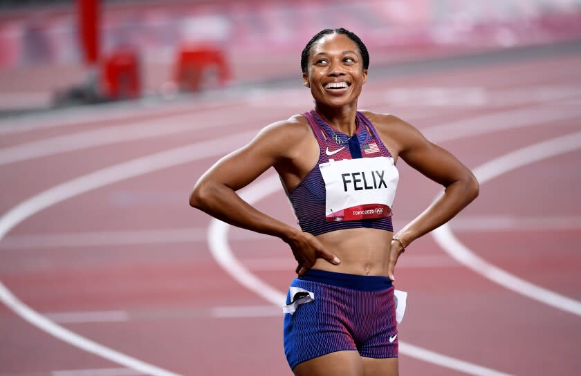 -TOKYO,JAPAN August 6, 2021: USA's Allyson Felix smiles after winning the bronze medal in the 400m race at the 2020 Tokyo Olympics. (Wally Skalij /Los Angeles Times)