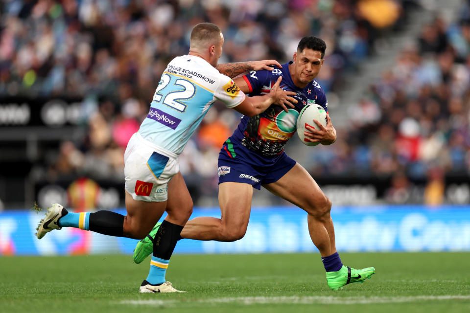AUCKLAND, NEW ZEALAND - APRIL 25: Roger Tuivasa-Sheck of the Warriors during the round eight NRL match between New Zealand Warriors and Gold Coast Titans at Go Media Stadium Mt Smart, on April 25, 2024, in Auckland, New Zealand. (Photo by Phil Walter/Getty Images)