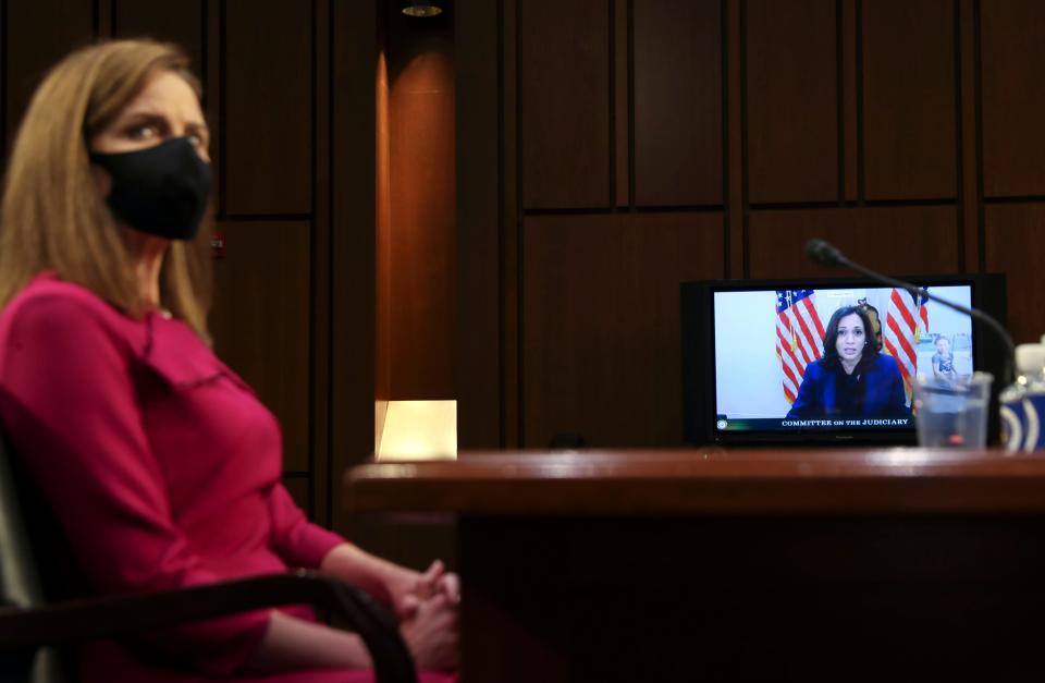 Democratic vice presidential candidate Sen. Kamala Harris, D-Calif., speaks during the confirmation hearing for Supreme Court nominee Amy Coney Barrett on Monday.