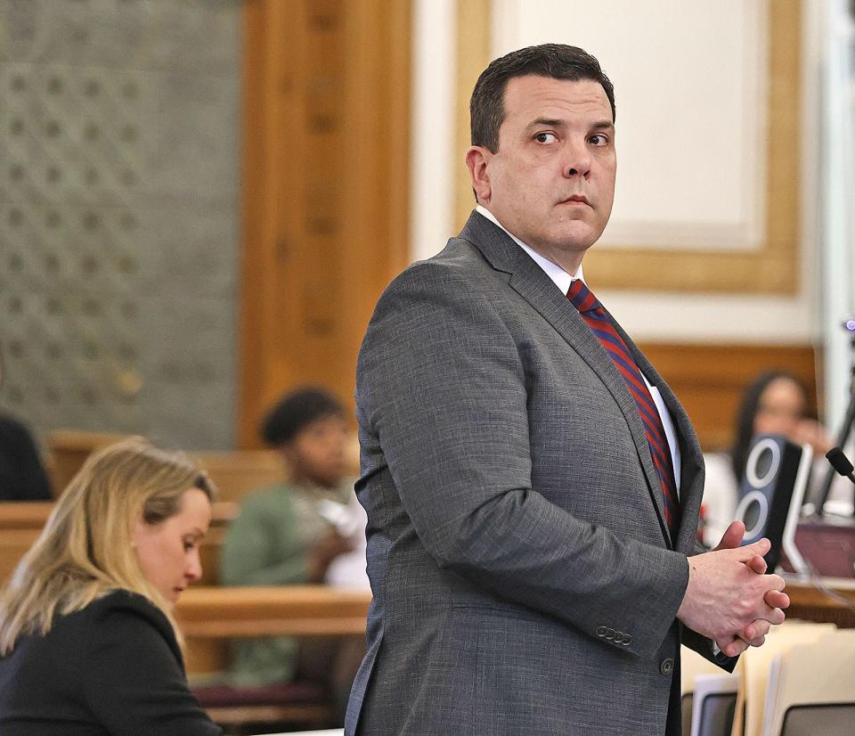 Assistant Norfolk District Attorney Greg Connor listens to questions from Brian Walshe's new lawyer Larry Tipton in Dedham Superior Court on Monday, March. 4, 2024