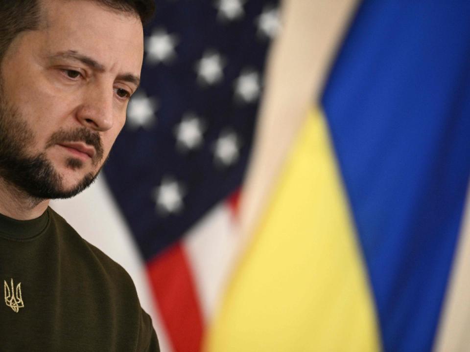 Volodymyr Zelensky looks on during a press conference with Joe Biden in the East Room of the White House (AFP/Getty)