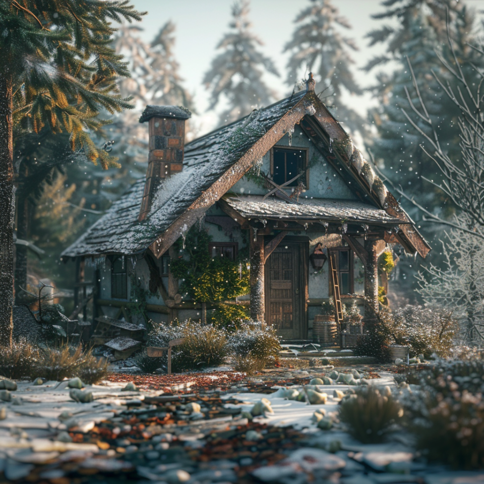 Quaint snow-covered cottage nestled among winter trees, evoking a scene from a storybook