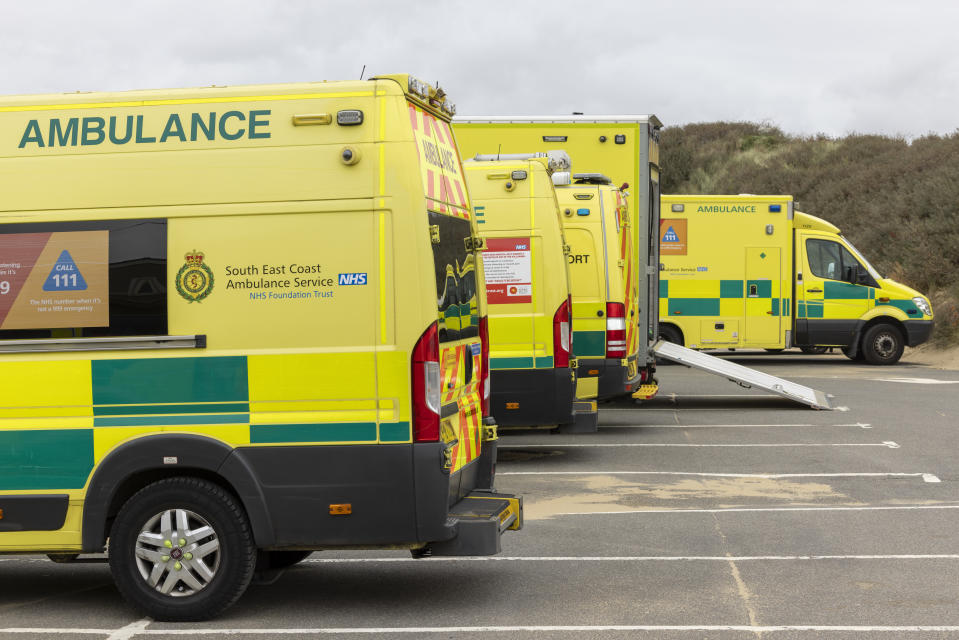 Ambulances and emergency incident vehicles in the car park as South East Coast Ambulance Service (Secamb) organised simulated emergency situation on Camber Sands on the 28th of September 2023 in Camber, United Kingdom. Emergency Staff and volunteers responded to various scenarios based around a significant incident on a summer's day where a number of people sustain injuries. Police, Fire Service, RNLI, Coastguard and beach Lifeguards took part in the exercise. (photo by Andrew Aitchison / In pictures via Getty Images)