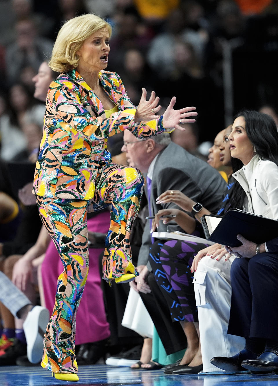 LSU head coach Kim Mulkey reacts during the third quarter of a Sweet Sixteen round college basketball game against the UCLA during the NCAA Tournament, Saturday, March 30, 2024, in Albany, N.Y. (AP Photo/Mary Altaffer)