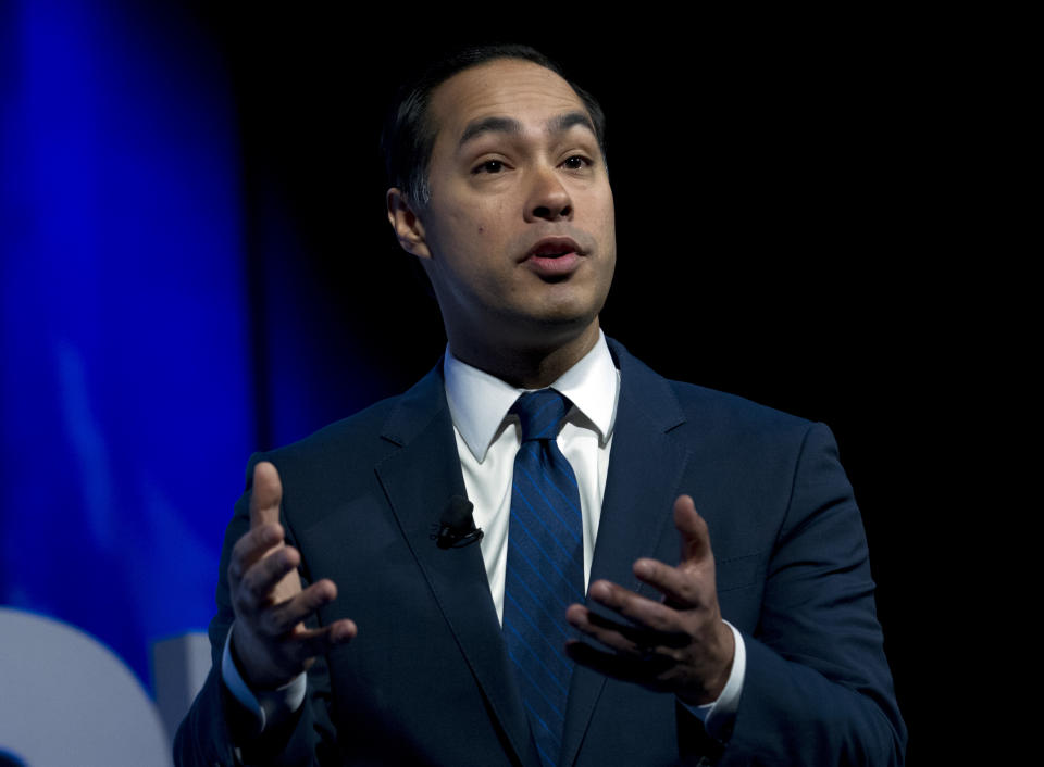 Former Housing and Urban Development Secretary and Democratic presidential candidate Julian Castro speaks during the We the People Membership Summit, featuring the 2020 Democratic presidential candidates, at the Warner Theater, in Washington, Monday, April 1, 2019. (AP Photo/Jose Luis Magana)