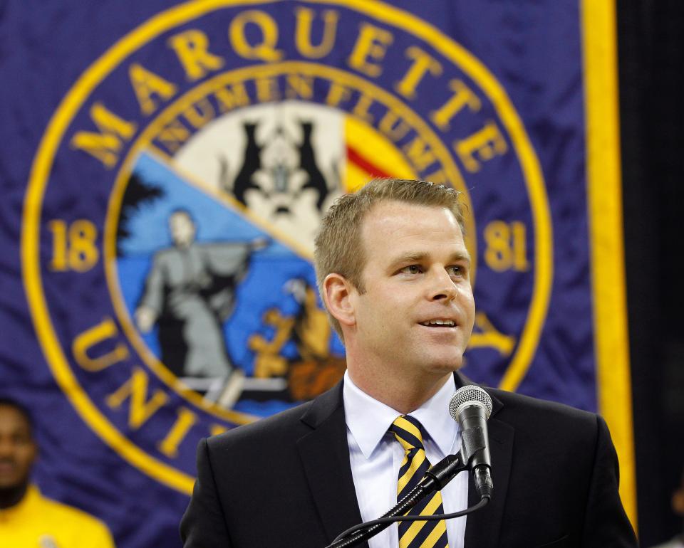 Steve Wojciechowski talks at a news conference at the Al McGuire Center on the Marquette University campus after being named head coach of the Marquette Men's Basketball team replacing former coach Buzz Williams. April 1, 2014.