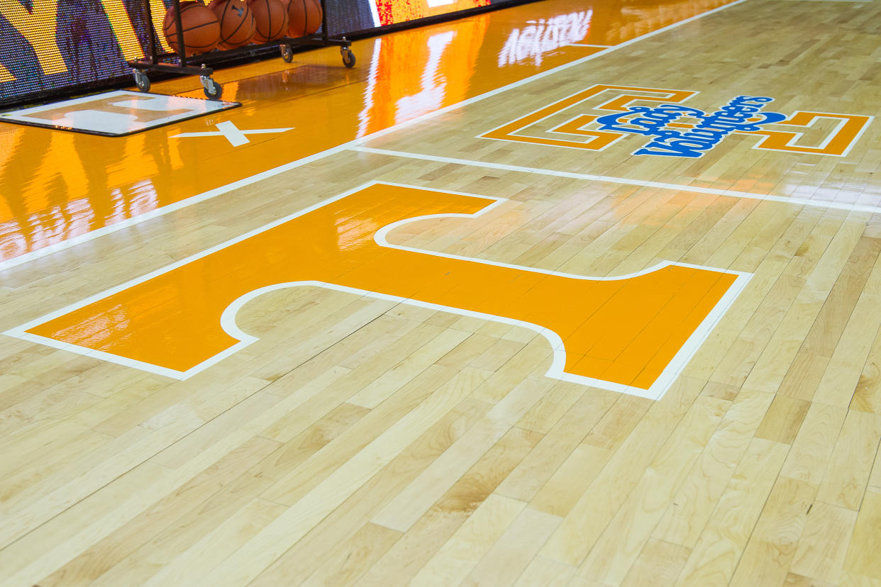 The Tennessee Power T and Lady Vols logo is shown on the court before a game between Kentucky and Tennessee (Bryan Lynn/Icon Sportswire via Getty Images)